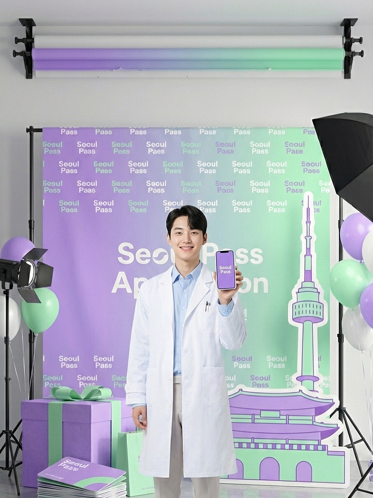 ทีม Seoul Pass ถือสมาร์ตโฟนที่เปิดแอปหน้าแบรนด์ Seoul Pass
