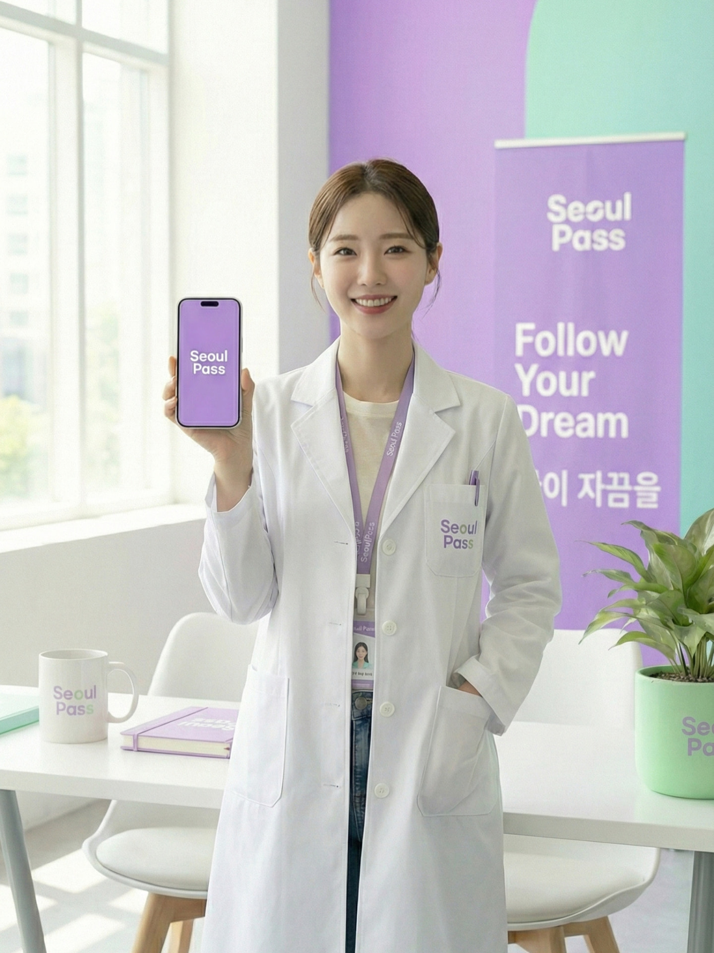 Medical coordinator presenting the Seoul Pass app on a phone
