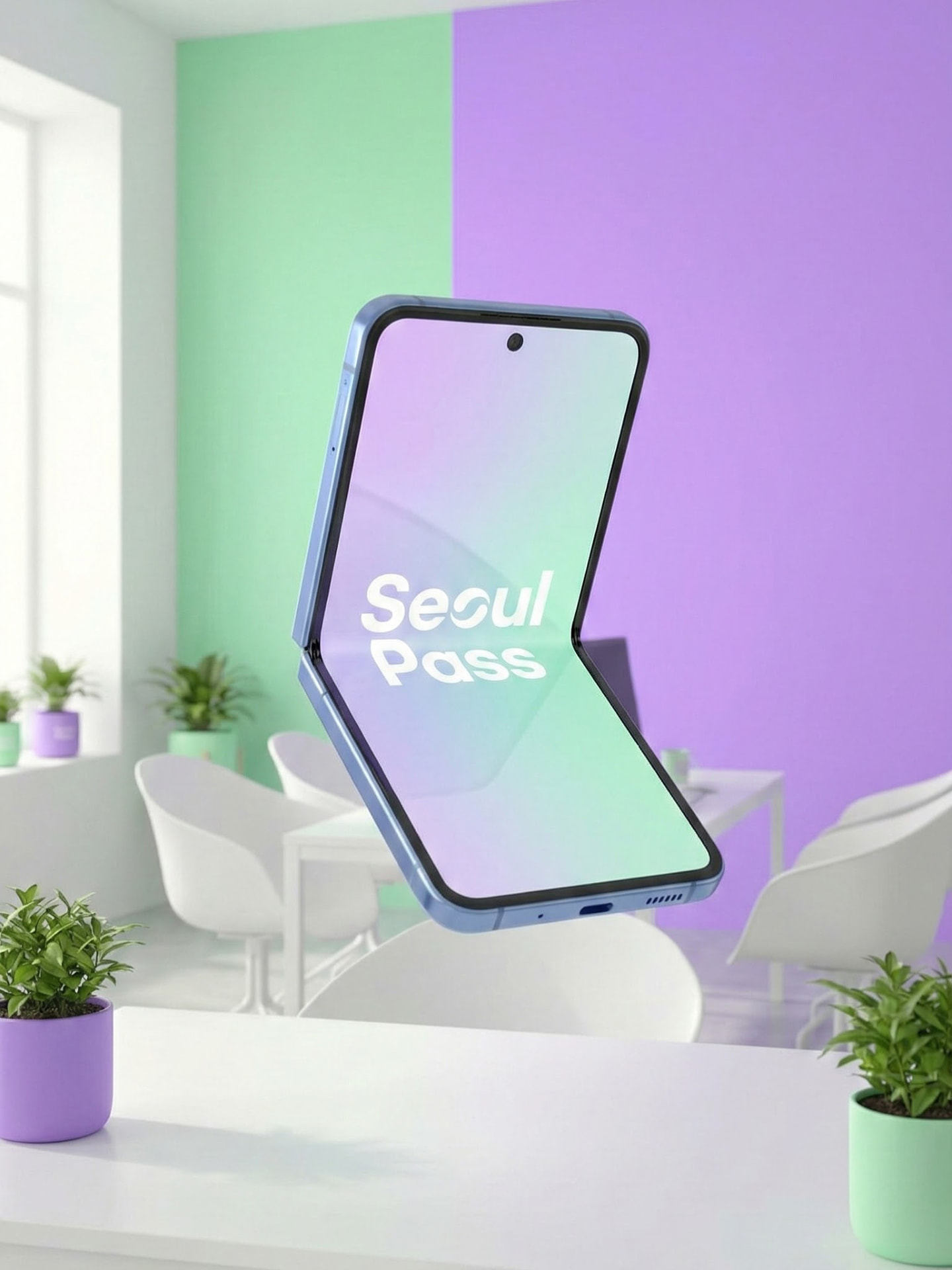 สมาร์ตโฟนแสดงหน้าจอเปิดแอป Seoul Pass โทนสีม่วงเขียว